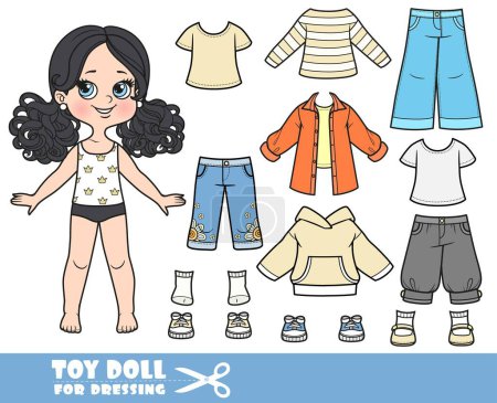 Illustration for Cartoon girl with black ponytails hairstyle  and clothes separately - shirt, jeans and boots doll for dressing - Royalty Free Image