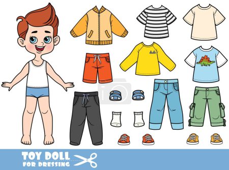Illustration for Cute cartoon boy with clothes separately -   jacket, T-shirt,  sweatpants, jeans and sneakers doll for dressing - Royalty Free Image