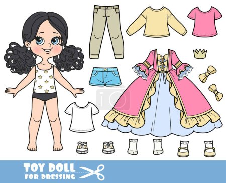 Illustration for Cartoon girl with black ponytails hairstyle  and clothes separately - princess ball dress, shirts, jeans and boots doll for dressing - Royalty Free Image