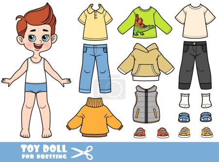 Netter Cartoon-Junge mit separater Kleidung - Jacke, Weste, T-Shirt, Langarm, Jeans und Sneakers Puppe zum Anziehen