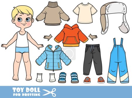 Cartoon blond boy - winter season - padded overalls, jacket, hat with ear flaps, sweater, boots and gloves. Doll for dressing