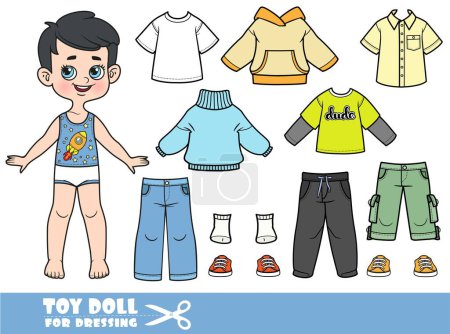 Netter brünetter Junge mit Cartoon und separater Kleidung - Pullover, Langarm, T-Shirts, Weste, Jeans und Turnschuhe Puppe zum Anziehen