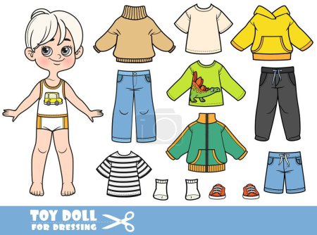 Netter cartoon blonder Junge - Herbstsaison - Hemden, Jacke, Pullover, Stiefel und Jeans. Puppe zum Ankleiden