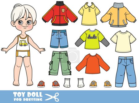 Netter cartoon blonder Junge - Sommer und Frühherbst Saison - Hemden, Jacke, Shorts, Stiefel und Jeans. Puppe zum Ankleiden
