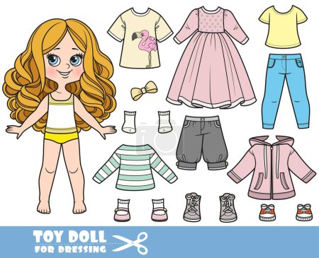 Illustration for Cartoon girl  with big curls  and clothes separately - long sleeve, shirts, dress, jacket, boots, jeans and sneakers doll for dressing - Royalty Free Image