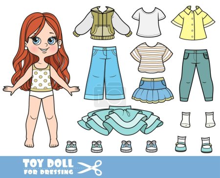 Illustration for Cartoon brunette girl  and clothes separately - long sleeve, shirts, skirts, sandals, jeans and sneakers doll for dressing - Royalty Free Image