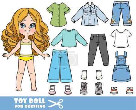 Illustration for Cartoon girl  with big curls  and clothes separately - long sleeve, shirts, jeans sundress, jacket, boots, jeans and sneakers doll for dressing - Royalty Free Image