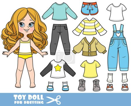 Illustration for Cartoon girl  with big curls  nd clothes separately - long sleeve, shirts, denim overalls, warm jacket, sports shorts, boots, jeans and sneakers doll for dressing - Royalty Free Image