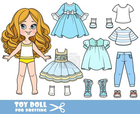 Illustration for Cartoon girl  with big curls and clothes separately - summer dresses, sundress, shirts,sneakers, boots, jeans and sneakers doll for dressing - Royalty Free Image