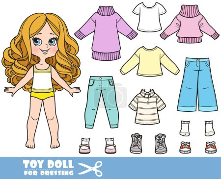 Illustration for Cartoon girl  with big curls and clothes separately - long sleeve, shirts, pink jackets, boots, jeans and sneakers doll for dressing - Royalty Free Image