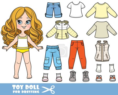 Illustration for Cartoon girl  with big curls and clothes separately - long sleeve, shirts,padded jacket, boots, jeans and sneakers doll for dressing - Royalty Free Image