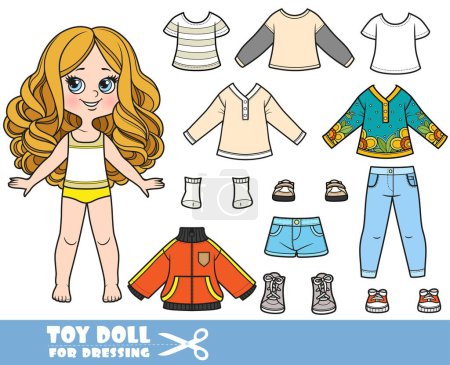 Illustration for Cartoon girl  with big curls and clothes separately - long sleeve, shirts,tunic, shorts, sneakers, autumn jacket, boots, jeans and sneakers doll for dressing - Royalty Free Image