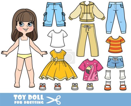 Illustration for Cartoon brunette girl  and clothes separately -   long sleeve, shirts, dress, sandals, jacket, shorts, tracksuit, jeans and sneakers doll for dressing - Royalty Free Image