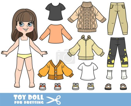 Illustration for Cartoon brunette girl  and clothes separately -   long sleeve, shirts, jackets,  jeans and sneakers doll for dressing - Royalty Free Image