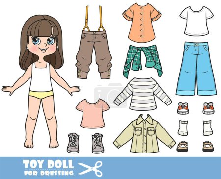 Illustration for Cartoon brunette girl  and clothes separately - long sleeve, shirts, jeans jacket,  trousers with suspenders, jeans and sneakers doll for dressing - Royalty Free Image