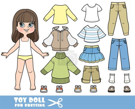 Illustration for Cartoon brunette girl  and clothes separately -  long sleeves, shirts, skirt,  jeans and sneakers doll for dressing - Royalty Free Image