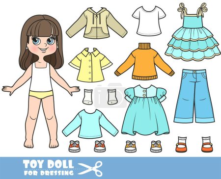 Illustration for Cartoon brunette girl  and clothes separately -   dresses, long sleeves, shirts, jeans and sneakers doll for dressing - Royalty Free Image