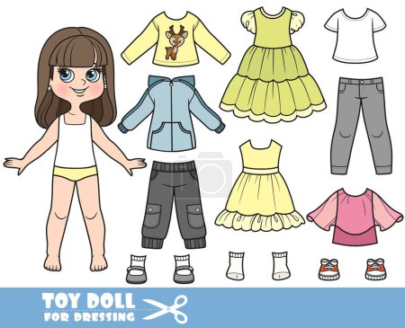 Illustration for Cartoon brunette girl  and clothes separately - dress, blouse, long sleeve, shirts, jeans and sneakers doll for dressing - Royalty Free Image