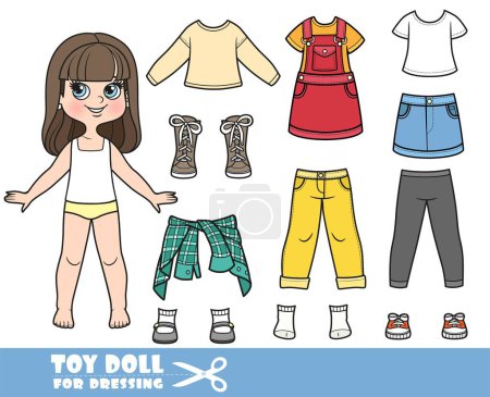Illustration for Cartoon brunette girl  and clothes separately - skirt, blouse, long sleeve, shirts, jeans and sneakers doll for dressing - Royalty Free Image