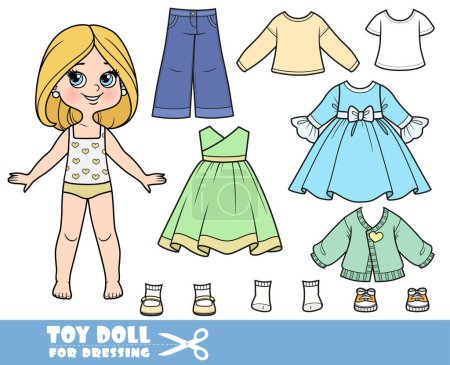 Illustration for Cartoon girl with with bob hairstyle and clothes separately - dresses,  long sleeve, shirts, jeans and sneakers doll for dressing - Royalty Free Image