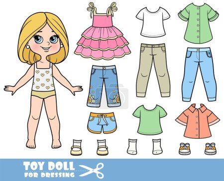 Illustration for Cartoon girl with with bob hairstyle and clothes separately - sundress, shirts, shorts, jeans and sneakers doll for dressing - Royalty Free Image