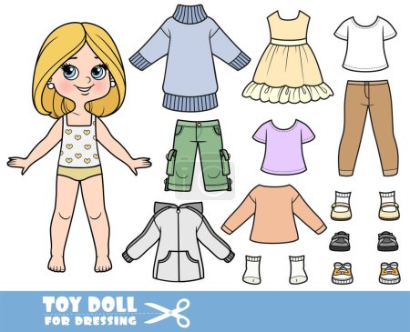 Illustration for Cartoon girl with with bob hairstyle and clothes separately -sweater, jacket, shorts, longsleeve, jeans and sneakers doll for dressing - Royalty Free Image