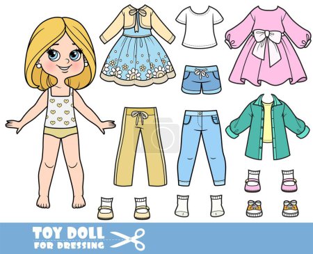 Illustration for Cartoon girl with with bob hairstyle and clothes separately - dresses, shirts, shorts, jeans and sneakers doll for dressing - Royalty Free Image