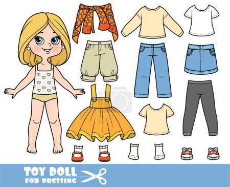 Illustration for Cartoon girl with with bob hairstyle and clothes separately - skirt,  long sleeve, shirts, jeans and sneakers doll for dressing - Royalty Free Image