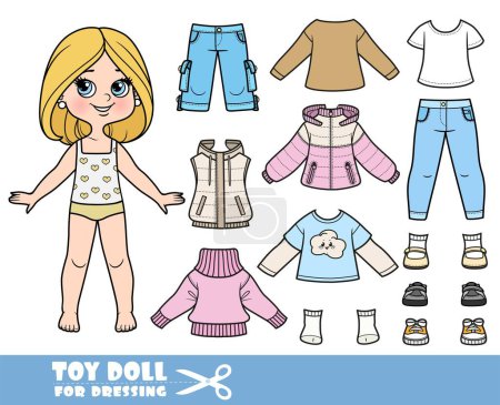 Illustration for Cartoon girl with with bob hairstyle and clothes separately - sweater, padded jacket, shorts, longsleeve, shirts, jeans and sneakers doll for dressing - Royalty Free Image