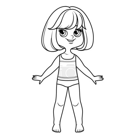Illustration for Cute cartoon girl with short bob haircut with bangs dressed in underwear and barefoot with outline for coloring on a white background - Royalty Free Image