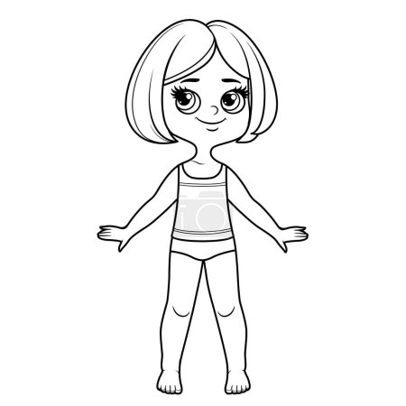 Illustration for Cute cartoon girl with short bob haircut dressed in underwear and barefoot with outline for coloring on a white background - Royalty Free Image