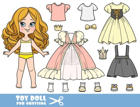 Illustration for Cartoon girl  with big curls and clothes separately - princess dress,crowns, shirts, skirt and shoes doll for dressing - Royalty Free Image