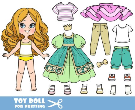 Ilustración de Chica de dibujos animados con grandes rizos y ropa por separado - vestido de princesa, corona, camisas, botas, jeans y zapatillas de deporte muñeca para vestirse - Imagen libre de derechos