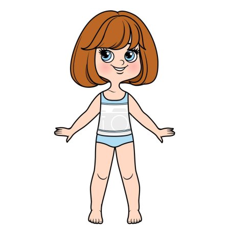 Ilustración de Linda chica de dibujos animados con corte de pelo corto bob con flequillo vestido con ropa interior y descalzo - Imagen libre de derechos