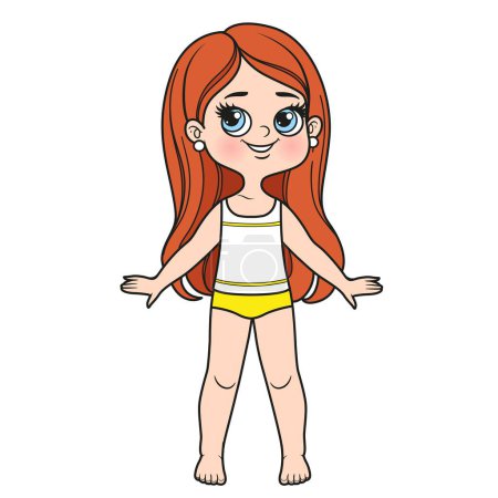 Ilustración de Linda chica de dibujos animados con corte de pelo largo vestido con ropa interior y descalzo - Imagen libre de derechos