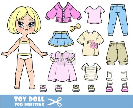 Illustration for Cartoon blond girl with short bob and clothes separately -   pink long sleeve, breeches, sandals, jacket, dress, jeans and sneakers - Royalty Free Image
