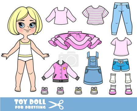 Zeichentrickblondes Mädchen mit kurzem Bob und separater Kleidung - rosa Langarm, Tutu, T-Shirts, Sandalen, Jacke, Shorts, Jeans und Turnschuhe