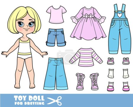 Illustration for Cartoon blond girl with short bob and clothes separately -   pink long sleeve, denim overalls, sandals, dress, jeans and sneakers - Royalty Free Image