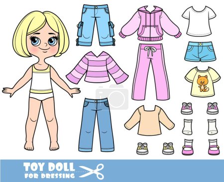 Illustration for Cartoon blond girl with short bob and clothes separately -    shirts, long sleeve, sandals, jeans and sneakers - Royalty Free Image
