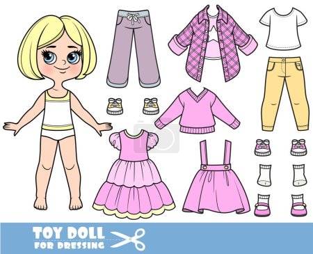 Illustration for Cartoon blond girl with short bob and clothes separately -   pink shirts, long sleeve,  skirt, sandals, jeans and sneakers - Royalty Free Image