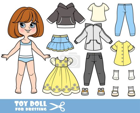 Illustration for Cartoon brunette girl with short bob and clothes separately - long sleeve, shirts, skirt, jacket, jeans and sneakers - Royalty Free Image