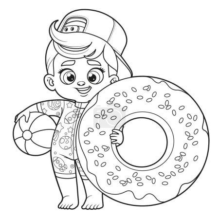 Illustration for Cute cartoon boy in a swimsuit  with donut inflatable ring for swimming outlined for coloring page on white background - Royalty Free Image