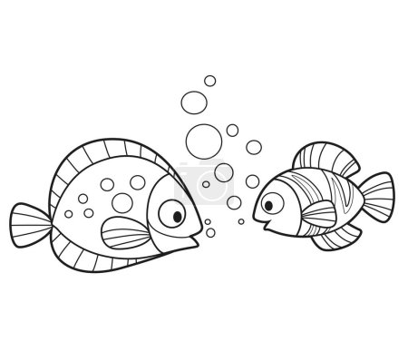 Téléchargez les illustrations : Deux poissons de mer dessin animé mignon esquissé pour coloriage isolé sur fond blanc - en licence libre de droit