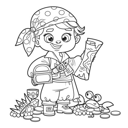 Illustration for Cute cartoon pirate boy with treasure map and chest outlined for coloring page on white background - Royalty Free Image