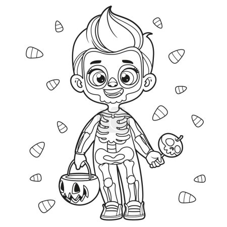 Téléchargez les illustrations : Mignon garçon de bande dessinée dans un costume squelette Halloween avec citrouille pour les bonbons esquissés pour la coloration sur fond blanc - en licence libre de droit