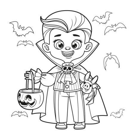 Téléchargez les illustrations : Mignon garçon de bande dessinée dans un costume de vampire Halloween avec citrouille pour les bonbons esquissés pour la coloration sur fond blanc - en licence libre de droit