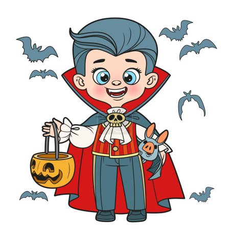Lindo niño de dibujos animados en un disfraz de vampiro de Halloween con calabaza para dulces variación de color para colorear página sobre fondo blanco