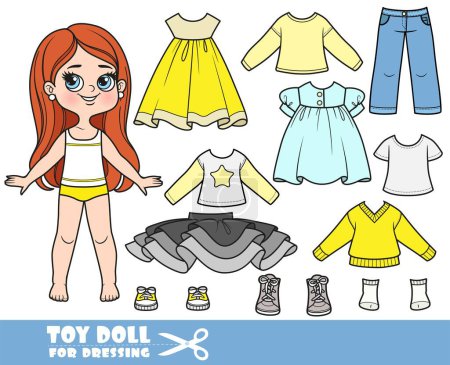 Illustration for Cartoon brunette longhaired girl  and clothes separately -  tutu, long sleeves, t-shirt, dresses, jeans and sneakers doll for dressing - Royalty Free Image