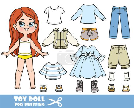 Illustration for Cartoon brunette longhaired girl and clothes separately - long sleeve, shirt, shorts,jacket, jeans and sneakers doll for dressing - Royalty Free Image