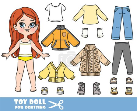 Illustration for Cartoon brunette longhaired girl and clothes separately - long sleeve, shirt, sweater,jacket, jeans and sneakers doll for dressing - Royalty Free Image